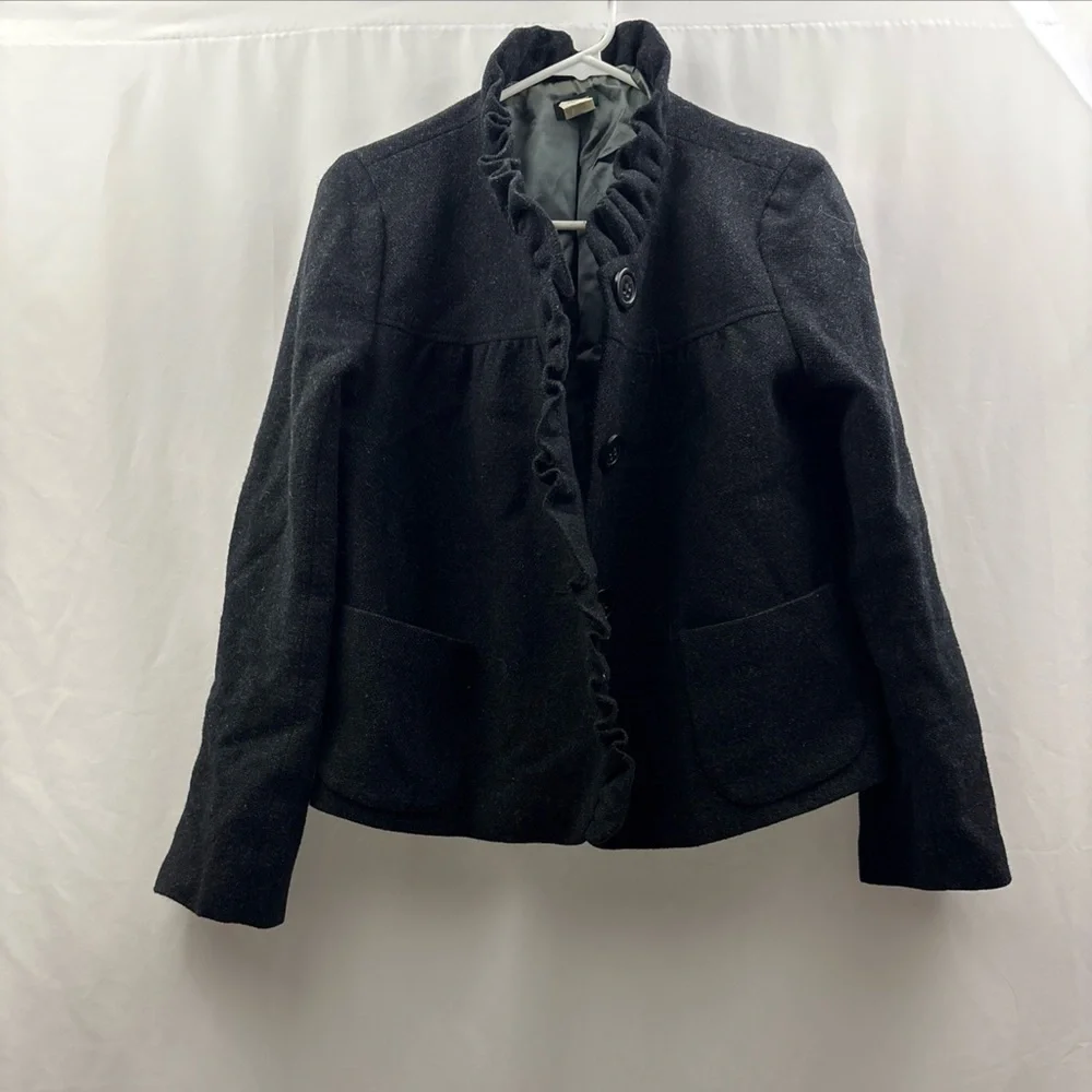 J Crew Fiona Ruffle Black Wool Tweed Jacket Blazer Size 10 Buttons